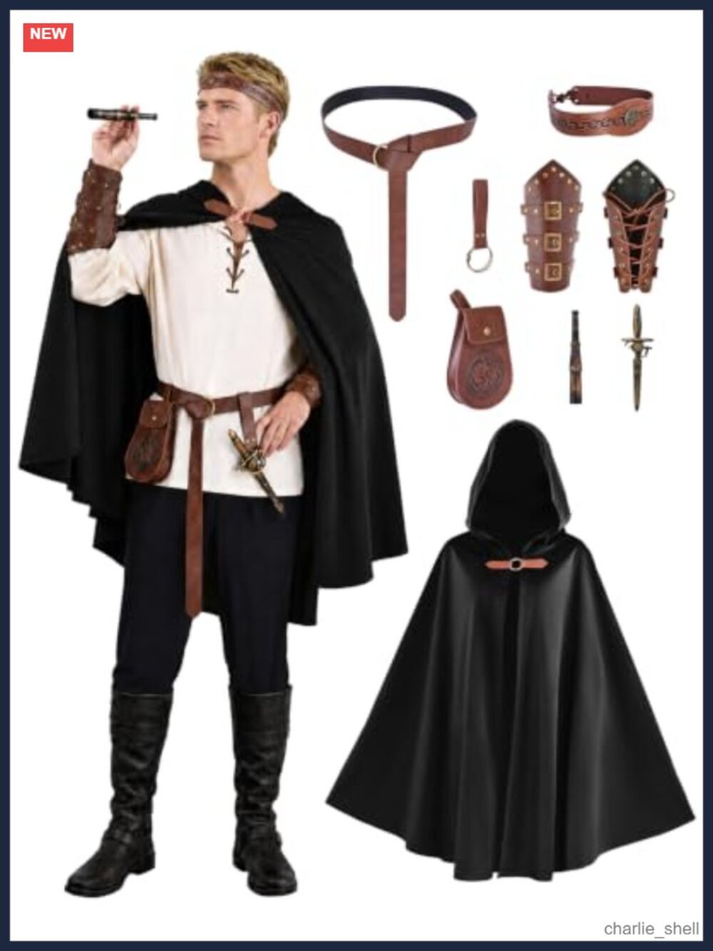 Renaissance Costume Men 9 Pc Hooded Cloak Medieval Accessories